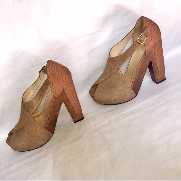 3.1 Phillip Lim X-cellent tan brown suede leather chunky block wood high heel - Picture 2 of 8